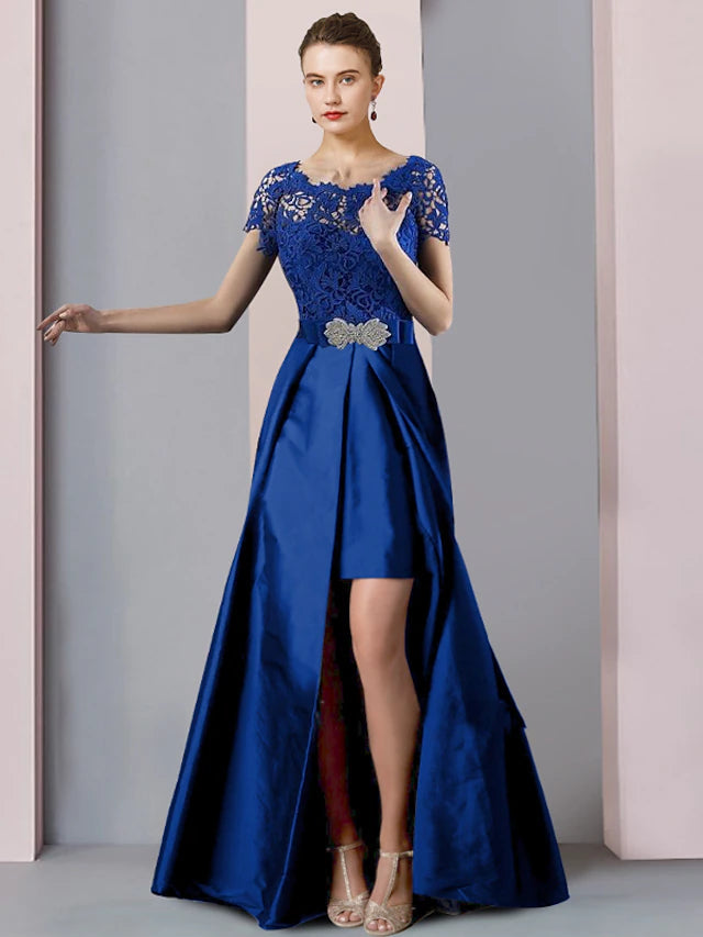 Luolandi Two Piece Sheath / Column Mother of the Bride Dress Formal Church Elegant detachable Scoop Neck Knee Length Lace Taffeta Short Sleeve with Bow(s)